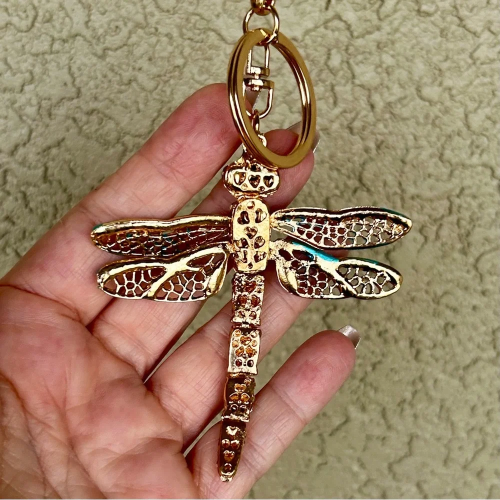 Sparkling Teal & Gold Dragonfly Keychain/Bag Charm
